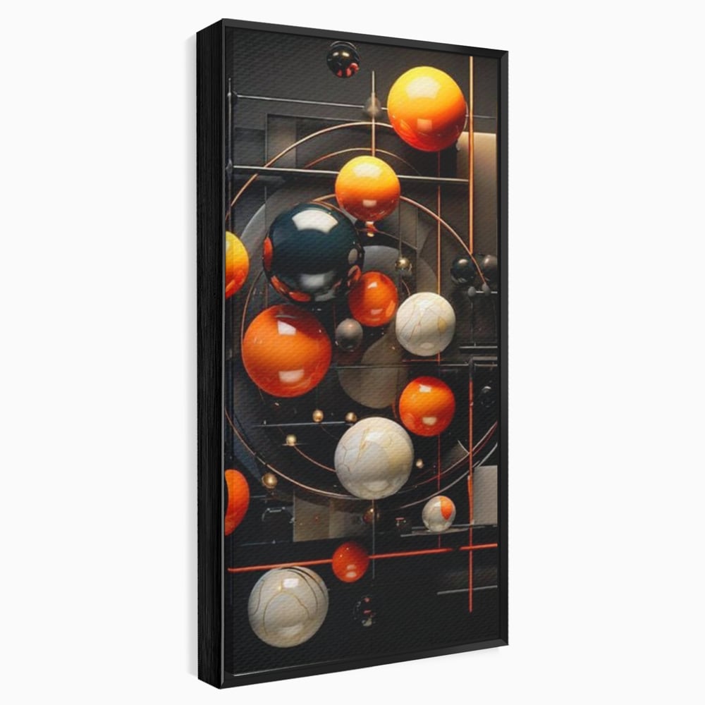 Tablou canvas cu ilustratie abstracta cu planete si orbite, in rama de aluminiu negru